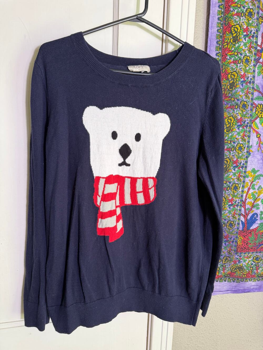 LOFT Polar Bear Sweater Womens Medium Navy Blue Winter Holiday Graphic Pullover